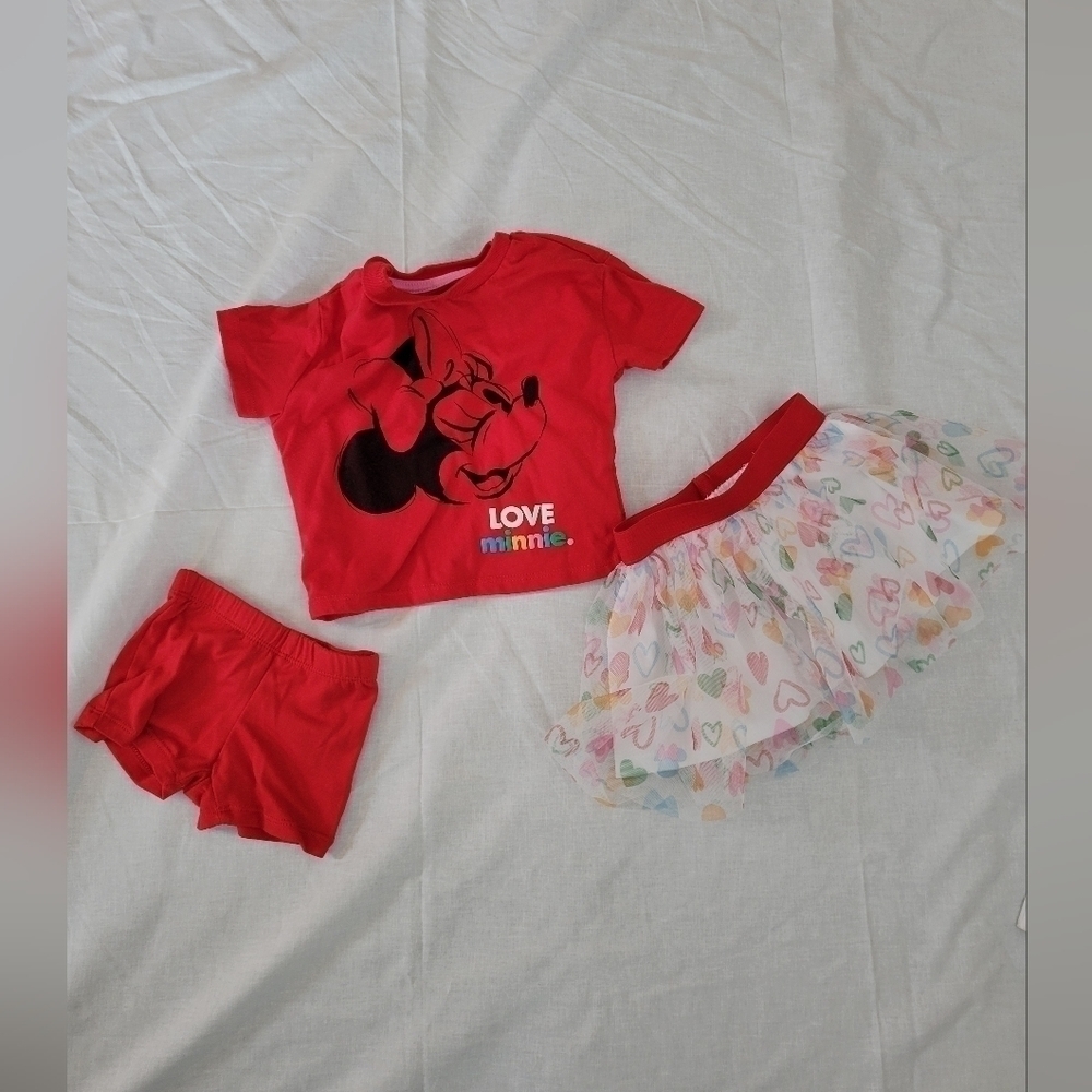 Disney Junior 3pc Minnie Mouse red w/hearts short sleeve, shorts, & skirt 12m